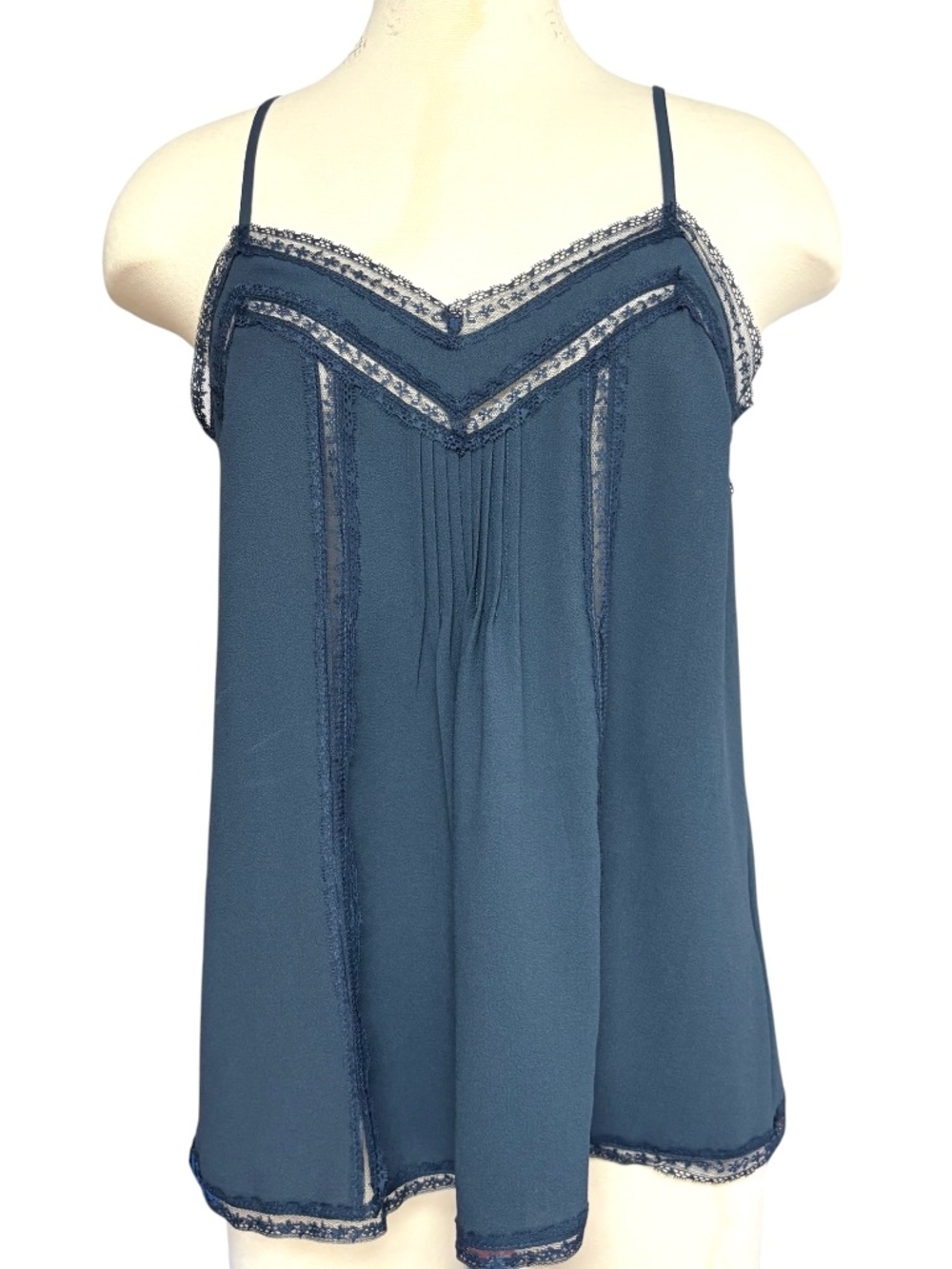 camisole 1. STATE small blue poly lace spaghetti straps V-neck poly crepe